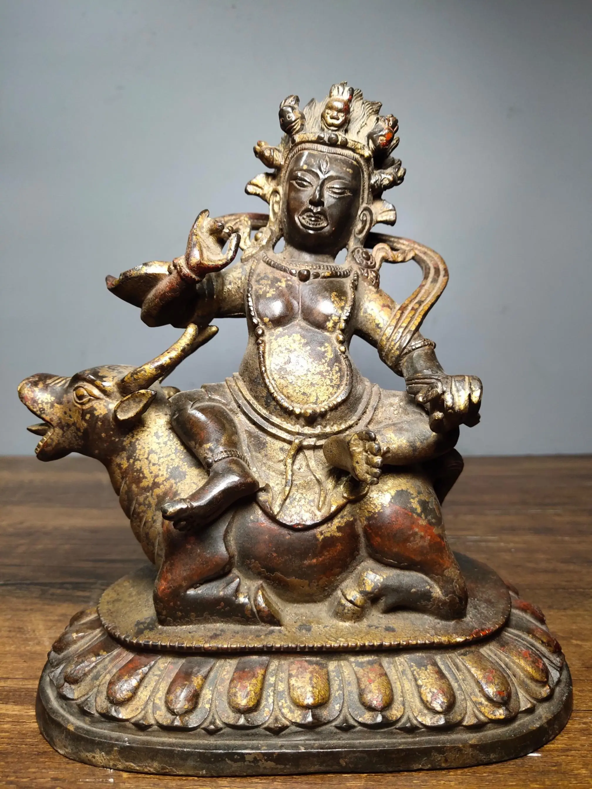 

8" Tibet Buddhism Temple Old Bronze Cinnabars Tantric Buddha Statue Yellow god of wealth statue Enshrine the Buddha