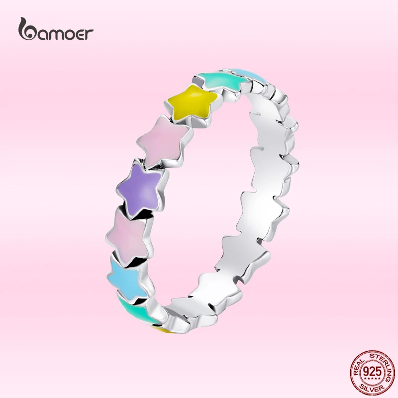 

Bamoer New Fashion Color Star Silver Ring for Women Genuine 925 Sterling Silver Stackable Rainbow Ring Trendy Casual Jewelry