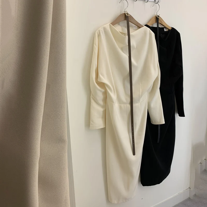 

2021 Spring Elegant Women Dress With Belt Korean High Waist Solid Mid-length Female Dress Office Lady Fashion Ladies Vestidos