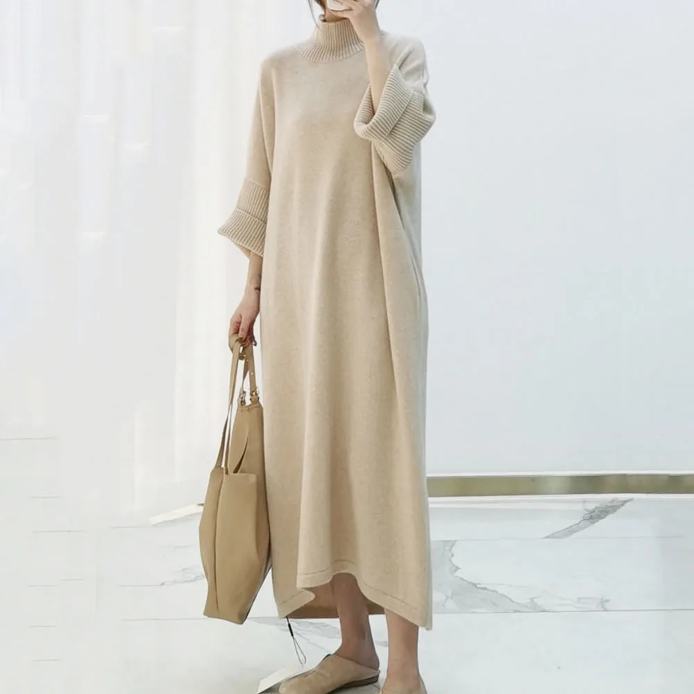 

Women Kintted Dress Autumn Winter Korea Style 2021 New Solid Color Loose Temperament Half High Neck Long Office Lady Fashion Hot