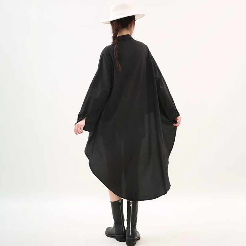 

[EAM] Women Big Size Irregular Black Blouse New Lapel Long Sleeve Loose Fit Shirt Fashion Tide Spring Autumn 2021 1DD389201