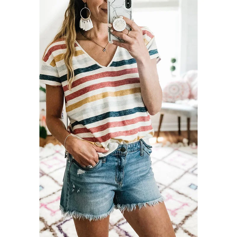 

LUCKYFRIDAYF Harajuku Plus Size Multicolor Stripes V Neck Woman T Shirt Mujer Camisetas Tops Oversized Clothes Mulher Camisetas