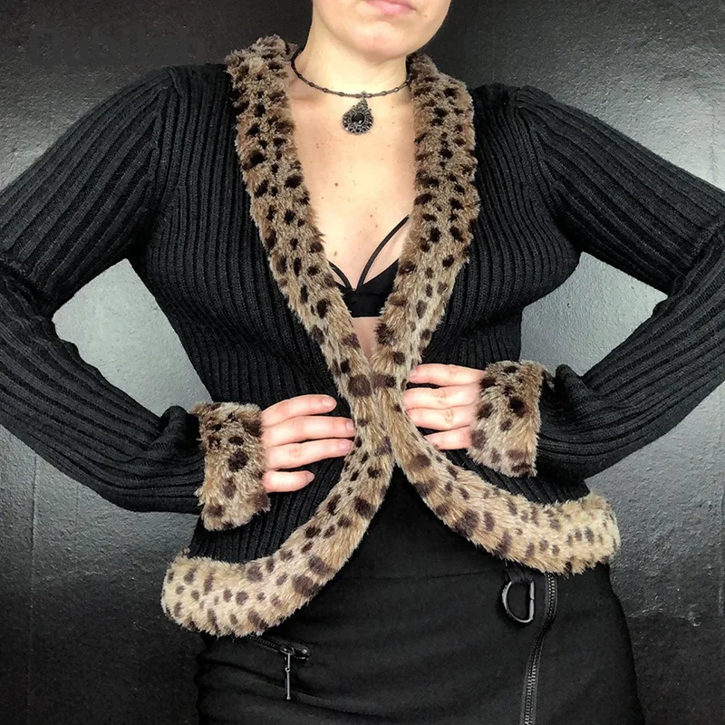 

Cardigan Solid Color Sexy Leopard Print Fashion Skinny Knitted Coats Casual Long Sleeve Tops Streetwear Fall 2021 Women Clothing