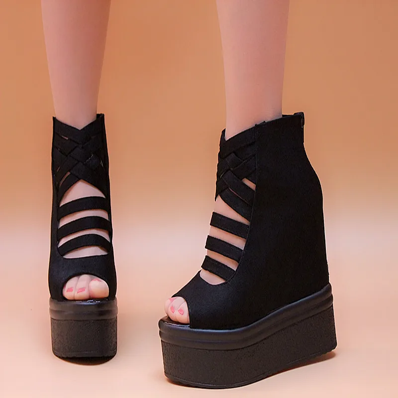 

14cm spring new fish mouth shoes high-heeled thick-soled Korean style hollow sandals wedge heel increase