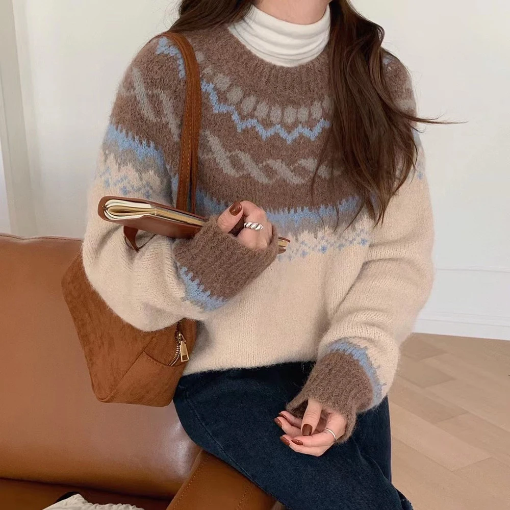 

Женский хлопковый свитер с длинным рукавом, Свободный пуловер с флисовой подкладкой, повседневный модный теплый трикотажный свитер в винта...