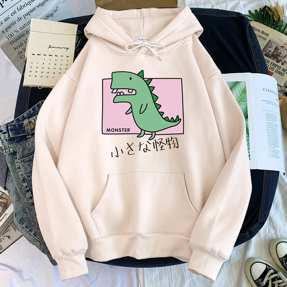 

Ladies Hoodie Little Monster Green Dinosaur Printed Hoodies Women Round Neck Concise Big Size Top Winter Fleece Kawaii Lady Tops