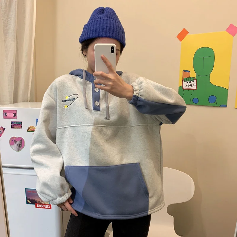 

Реальное фото осенней одежды Новинка корейский стиль вышивка алфавита капюшон свободного покроя