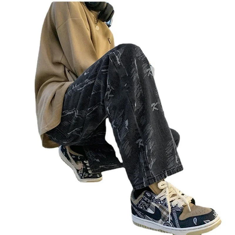 ICCLEK New Jeans Men's Jeans Autumn and Winter Casual Straight Pants Retro High Street Jeans Printed Trousers Oversized Jeans