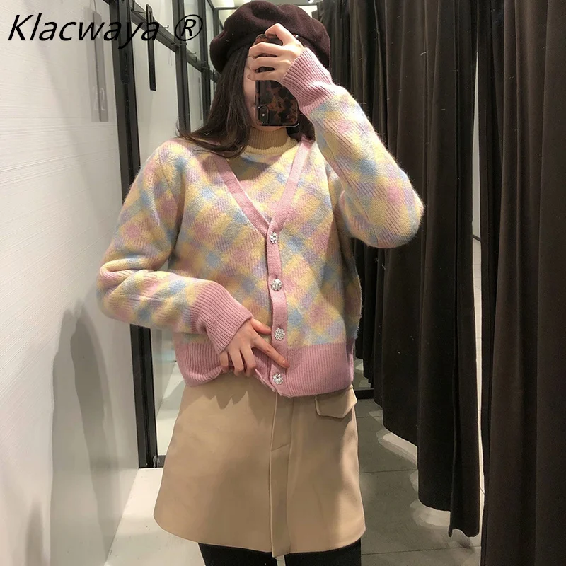 

Woman Sweaters Cardigan Pull Femme Chandails Ropa Mujer Kobieta Vetement Long Sleeve Argyle Knitted Rainbow Cute Vrouw Truien