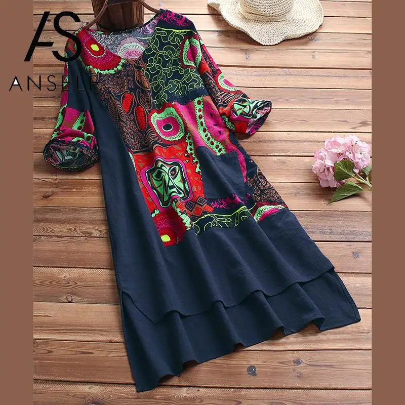 Женское льняное платье с разрезом на подоле винтажное из хлопка и льна принтом