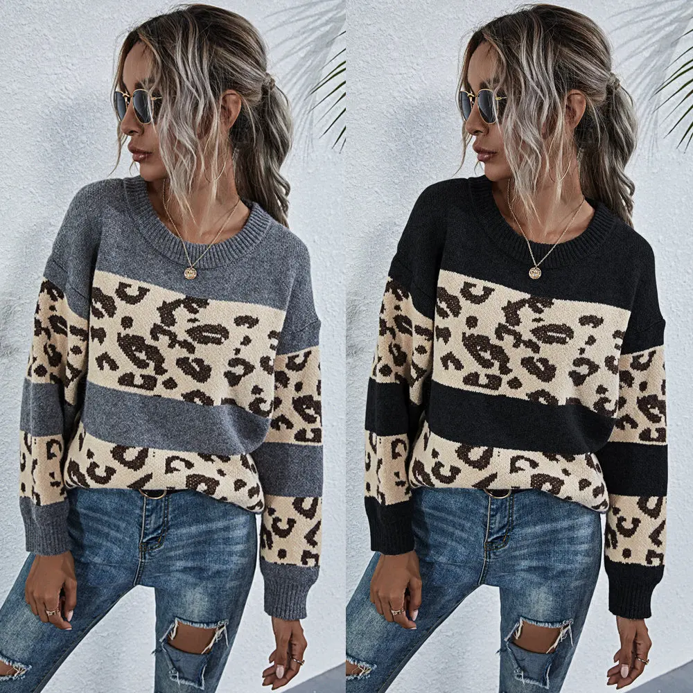 

Женский модный Повседневный Свободный вязаный свитер, Топ с длинным рукавом и круглым вырезом для взрослых, пуловер с леопардовым принтом д...