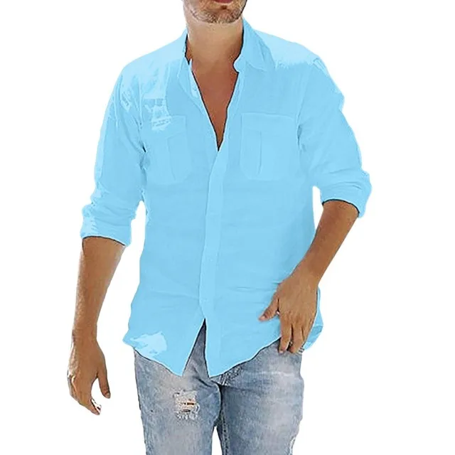 

Long-sleeved shirt men's loose pocket cotton and linen men's shirt solid color