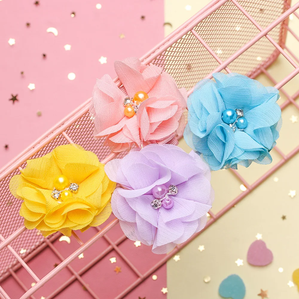 Baby girl Pearl Rhinestone Flowers Clips Girls Chiffon Fabric Hair Accessories Lovely Handmade Children's Gift Headwear | Детская
