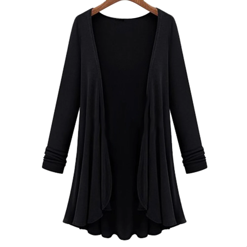 Черный Большие размеры повседневные кардиганы для женщин весна осень мода Свободный Подол с оборками линия длинное пальто vestidos Верхняя одежда#1124 - Цвет: Черный