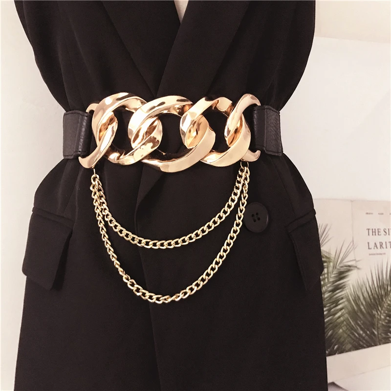 

Punk Big Gold Chain Buckle Belts For Women Fashion Long Tassel Chains Black Waistband HOT New Ladies Dress Party Decorate Girl