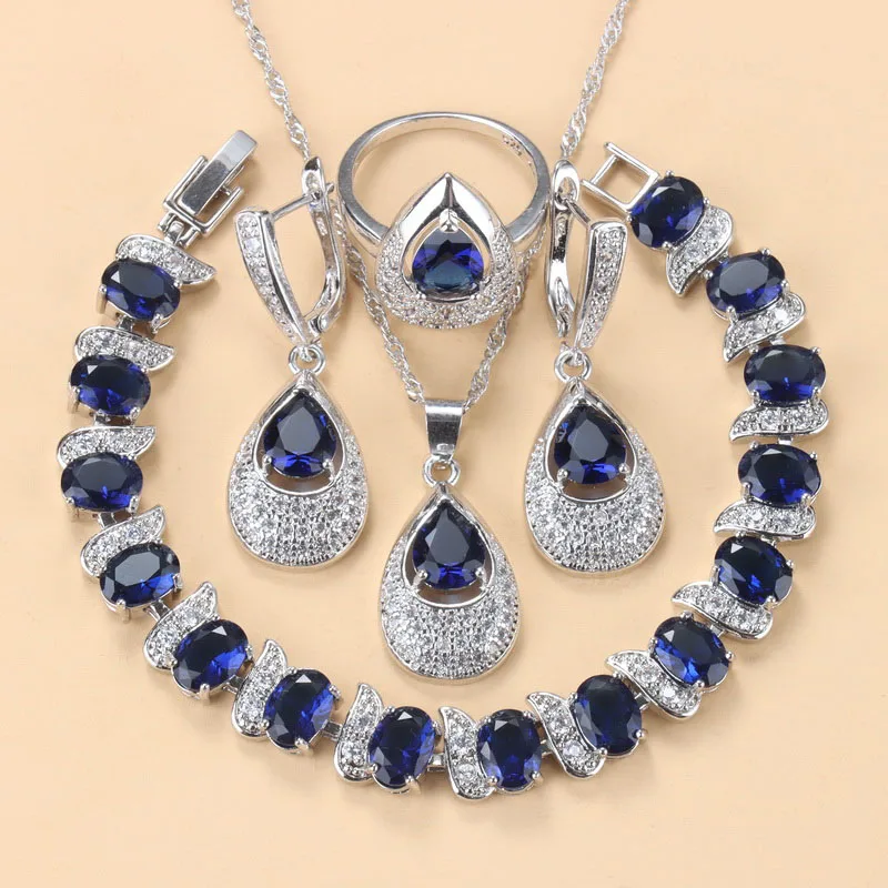 

Genuine 925 Silver Bridal Necklace Sets AAA+ Zircon Bracelet And Ring Earrings Blue Jewelry Sets For Women Wedding Costume