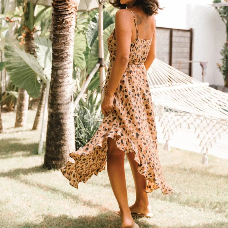 

Women Sexy Leopard Print Dress Long Maxi Vestidos Ladies Spaghetti Strap Ruffles hem Dresses 2020 Summer Sundress