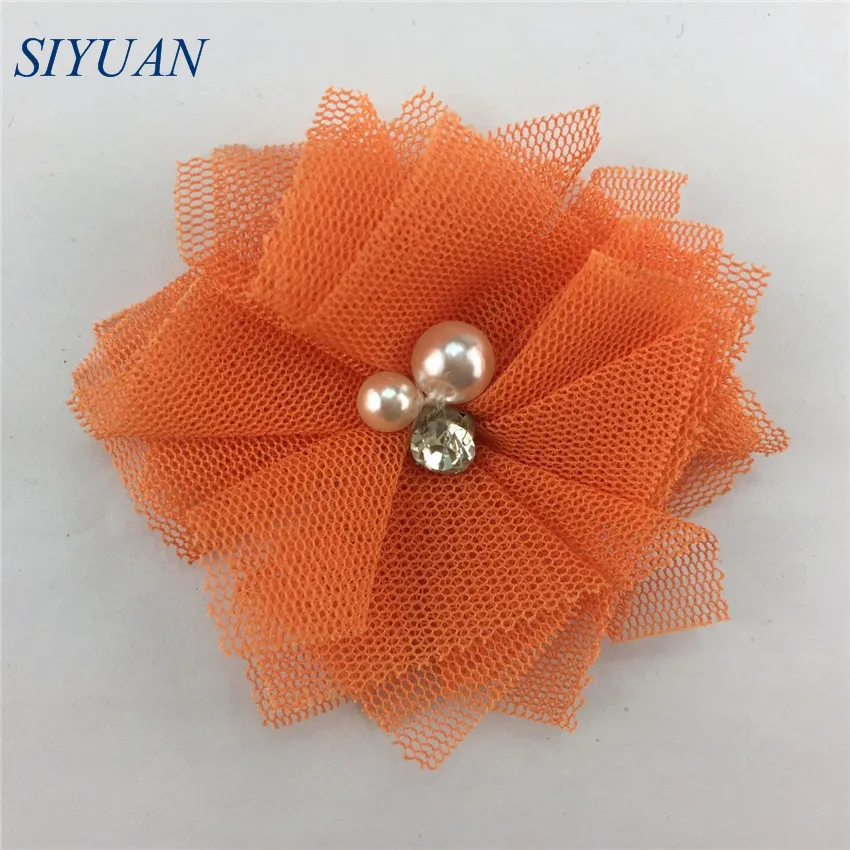 15-orange 10 шт./лот, 5 см, сетка, тюль, Fbric, цветок, стразы, для детей, жемчуг, бисер, шикарная повязка с цветами, сделай сам, аксессуары для волос F27 - Цвет: 15-orange
