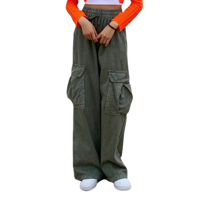 

Autumn Korean Solid Color girl retro overalls female casual loose wide leg pants hip-hop Cargo pants Pocket Lace up trousers