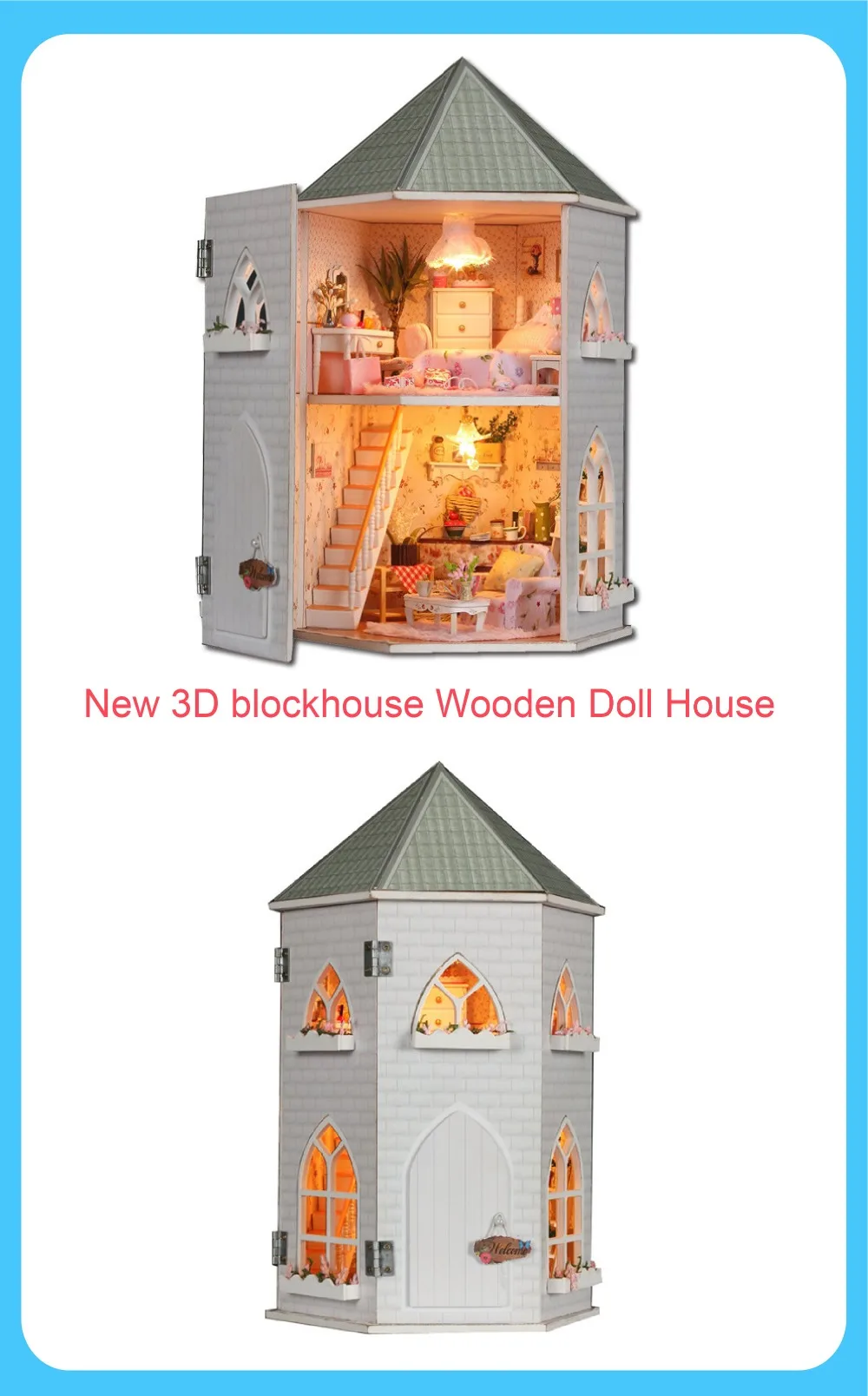 3D Блокхаус деревянный кукольный дом Вилла мебель DIY Миниатюрная модель светодиодный светильник кукольный домик рождественские подарки не включает клей