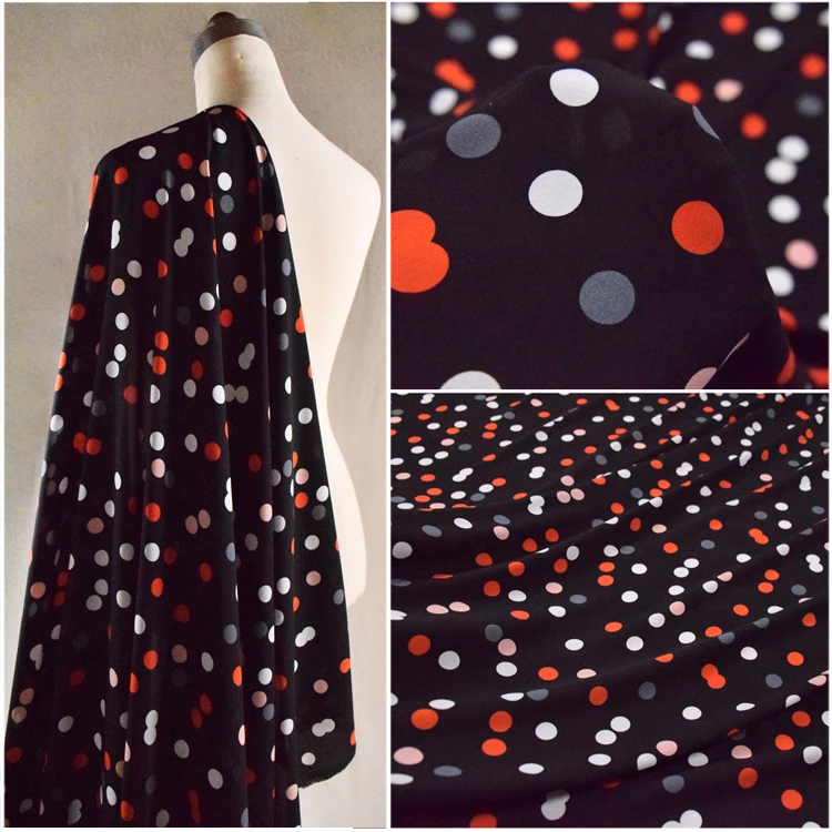 

Chiffon Fabric Fashion Black Background Irregular Red Polka Dot Print Women's Children's Clothing Handmade DIY Fabric