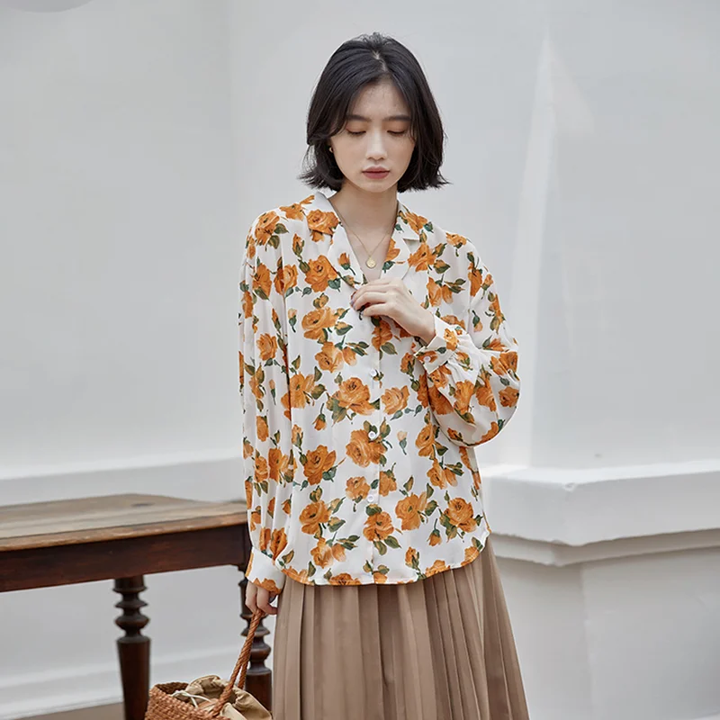 

Korejepo Women Blouse 2021 Early Autumn Female Korean New Style Floral Print Thin Casual Loose V-neck Chiffon Long-sleeved Shirt