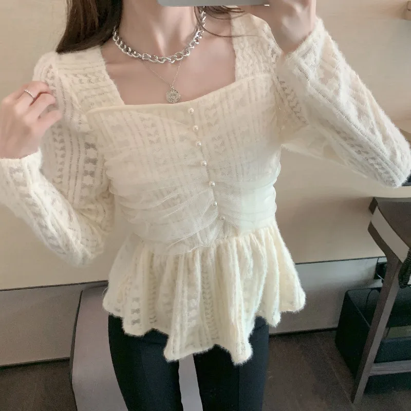 

COIGARSAM Ruffles korean blouse women Winter Full Sleeve Lace Patchwork Mesh High Waist blusas womens tops and blouses Black 297