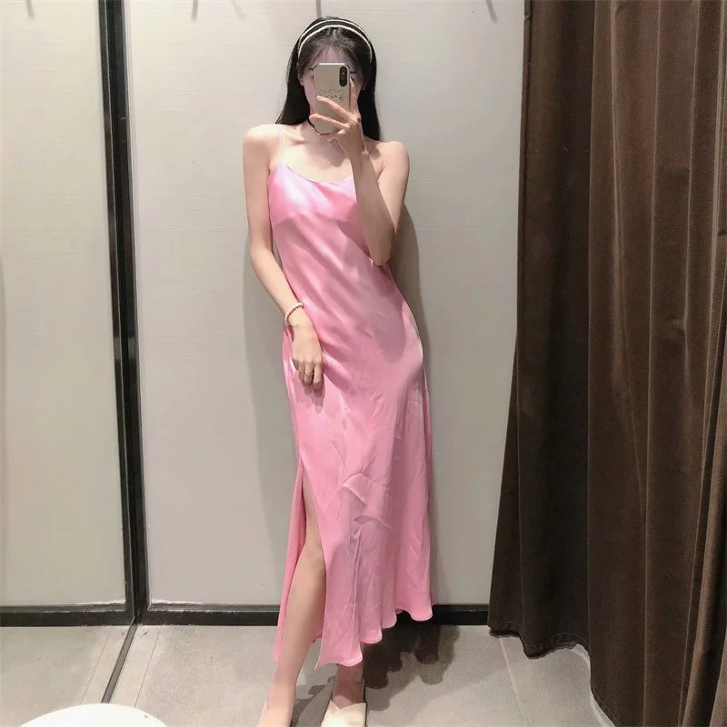 

ZA 2021 Summer Dress Women Pink Satin Slip Spaghetti Straps Midi Dresses Sexy Backless Side Slit Feminine Evening Party Dress