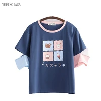 cotton women cartoon print t shirts summer 2021 patchwork o neck t shirt female japan style basic tops tees 2117550