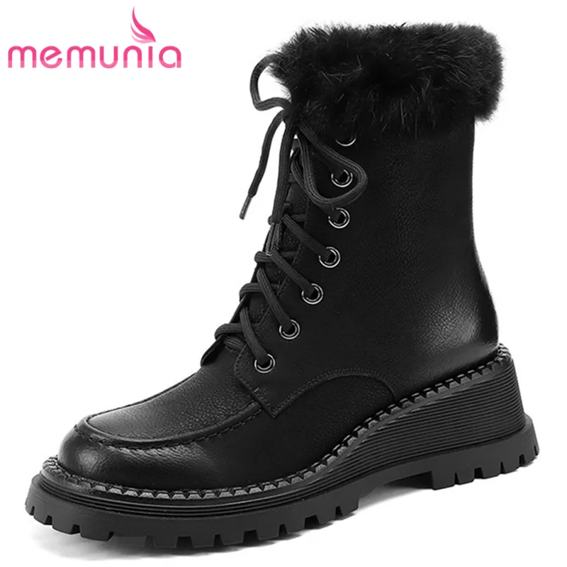 

MEMUNIA 2022 New Arrive Wedges Shoes Women Ankle Boots Vintage Genuine Leather Boots Lace Up Zipper Winter Boots Female