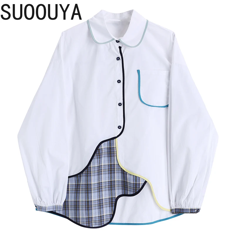 

[SUOOUYA] Women New Lapel Long Sleeve Asymmetrical Plaid Pattern Big Size Blouse Loose Shirt Fashion Tide Spring Autumn 2021
