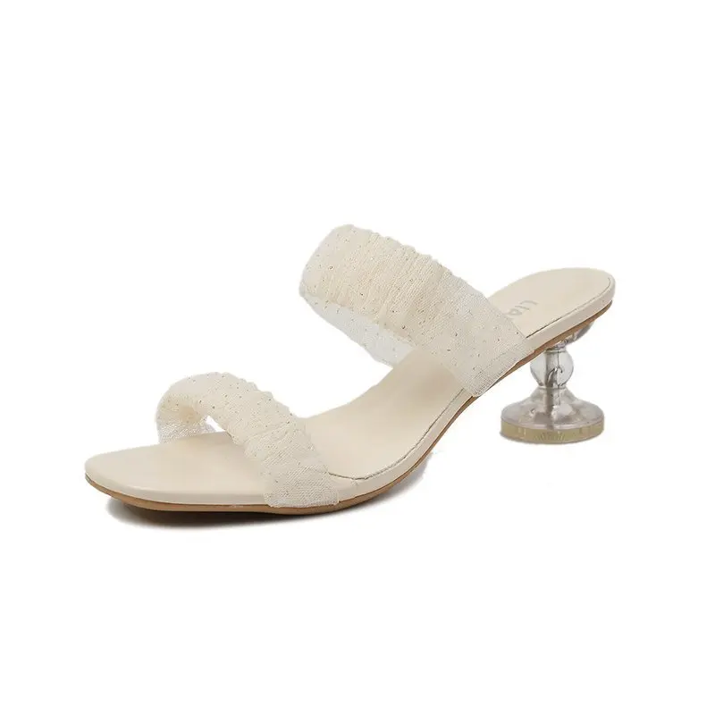 

Summer 2021 French Style New Fairy Style Lace Slippers Open Toe Clear Heel High Heel