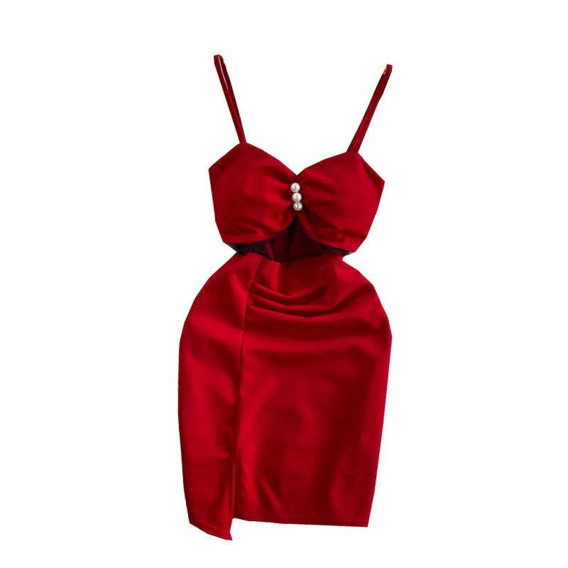 

high waist with shoulder-straps temperament cultivate morality split package hip backless deep V low-cut dress