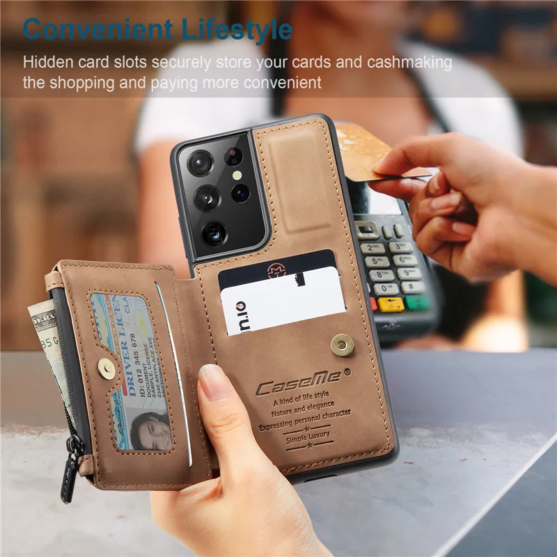 Leather Card Slot Holder For Samsung Galaxy S21 S22 Ultra Note 20 S20 FE S10 A53 A72 A52S A71 A51 A21S 10 Plus Case Cover Fundas