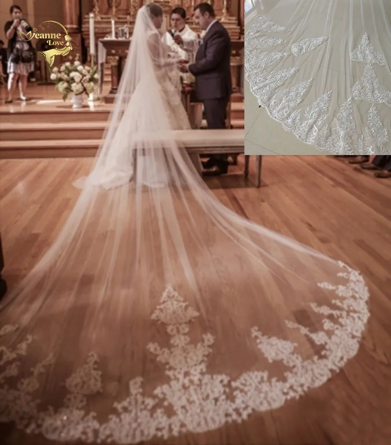 Фата свадебная длиной 4 м/3 м роскошная с кружевной аппликацией расческой