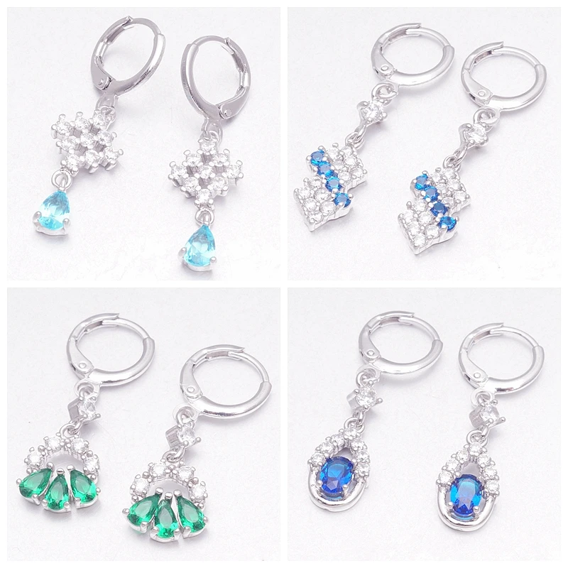 Женские серьги кольца с разноцветным кубическим цирконием в форме сердца и капли