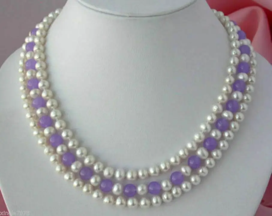 

3strands 7-8MM white round freshwater akoy pearl 8MM jade necklace