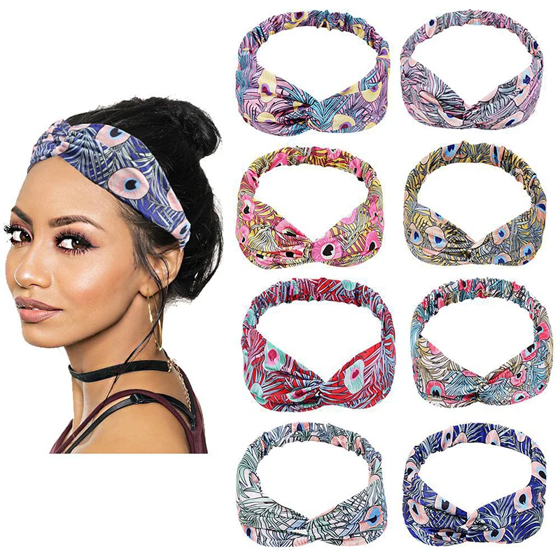 

Yoga Fitness Wash Face Hairbands Peacock Feather Pattern Print Headband Cross Knotted Turban Headwrap Elastic Hair Band