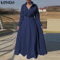 women long maxi dress vonda 2022 spring pleated long sleeve solid turn down collar button up shirt dresses bohemian vestidos