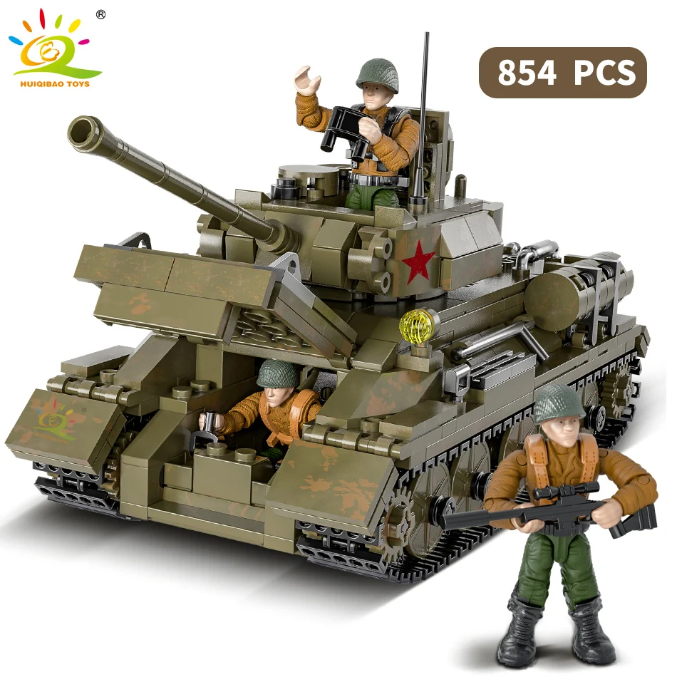 

HUIQIBAO 854pcs Military T34 Large Panzer Heavy Tank Building Blocks Toys Weapon WW2 City Soldier Army Figures Bricks Children