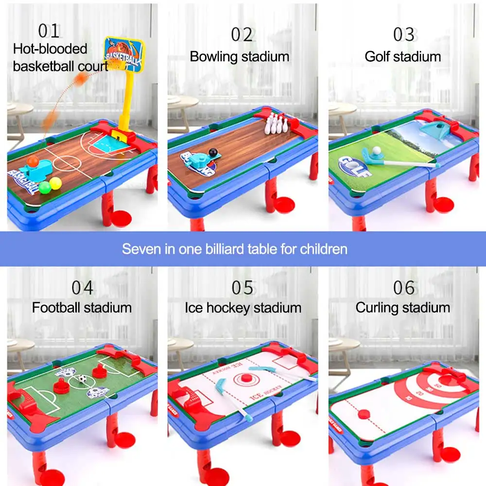

Multifunction 7 In 1 Board Game Mini Billiards Soccer Basketball Table Bowling Golf Hockey Table Indoor Educational Billiard Toy