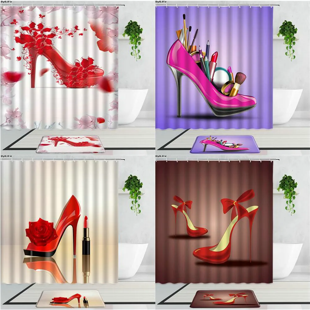

Girl Fashion High Heels Red Lip Shower Curtains Cosmetic Home Decor Bathroom Accessories Bath Curtain Set Anti-Slip Carpet Mats