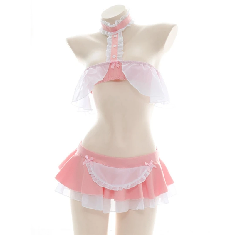 

Sexy Maid Cosplay Outfit Women Girls Cute Erotic Lingerie Uniform Set Halter Ruffle Tops Mini Skirt for Couples Cosplay