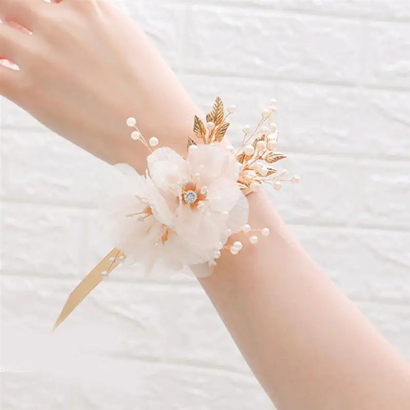 1PC Champagne Cloth Wrist Flower Band Decorative Wedding Beads Goldleaf Wristband for Bridesmaid Bride Party |