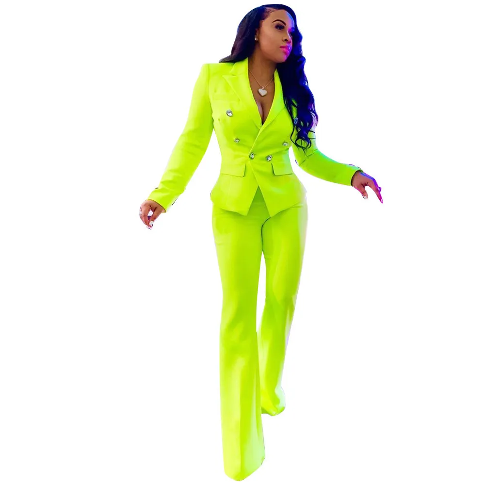 Модный неоновый зеленый офисный женский деловой костюм топ и длинные штаны