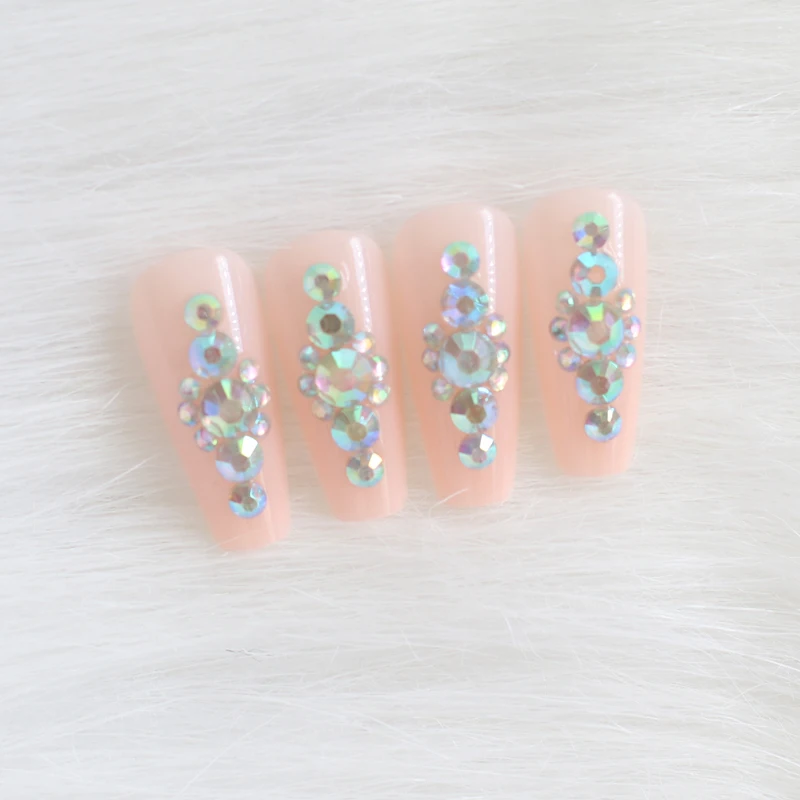 24 шт. новейшие Яркие длинные накладные ногти ручной работы с кристаллами и