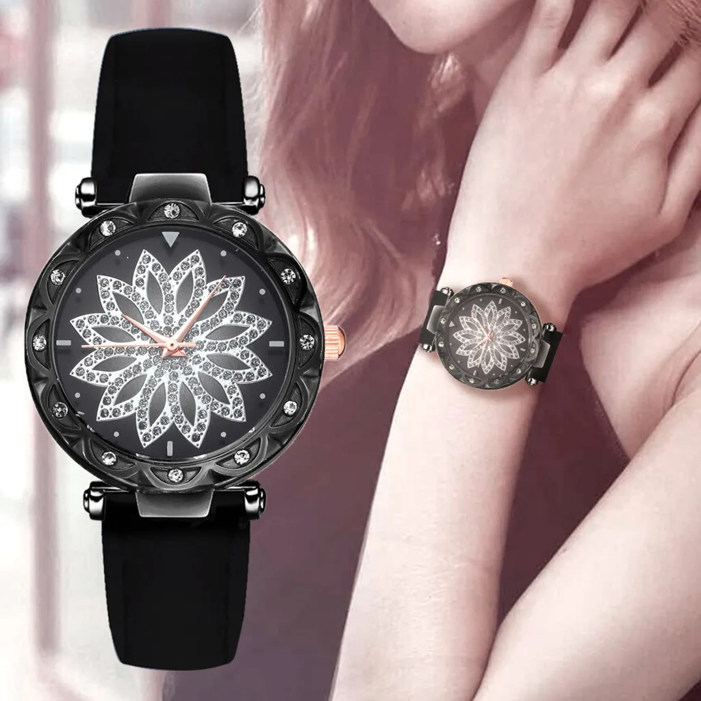 Модные женские часы с цветком Кристальный кожаный ремень повседневные