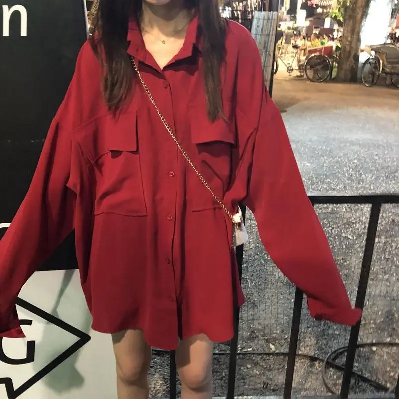 Autumn Womens Loose Blouse Shirts Blusas Long Sleeve Pockets Solid Oversized Blouses Vintage Women Tops Red Wine Outwear Femme |