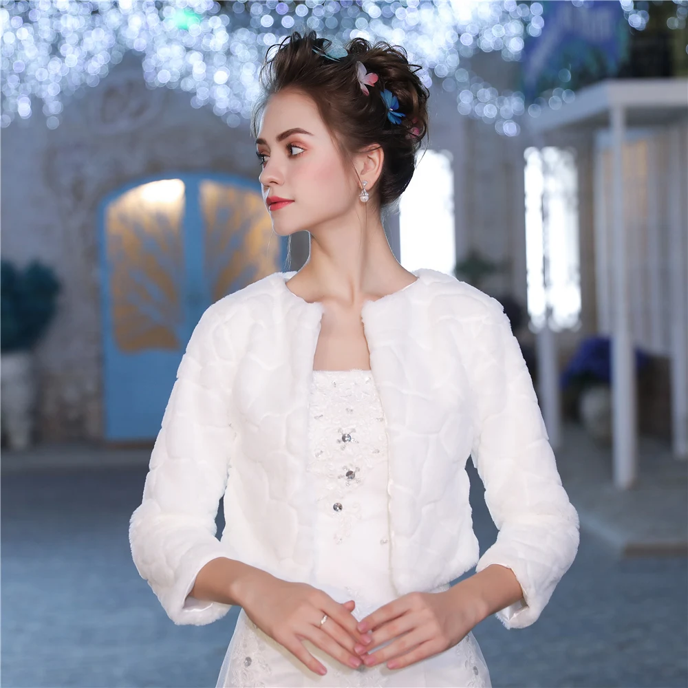 Женское вечернее болеро из искусственного меха с рукавом три четверти свадебная