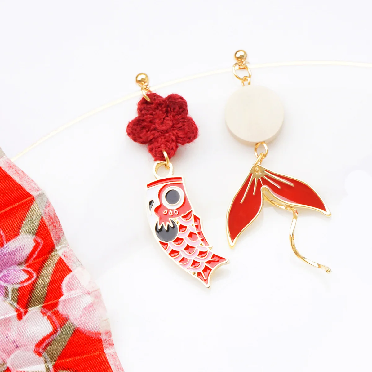 

Sweet Cute Carp Small Red Flower Asymmetric Earrings For Women Girls Rabbit Moon Cat Earrings Chinese Style Party Jewelry